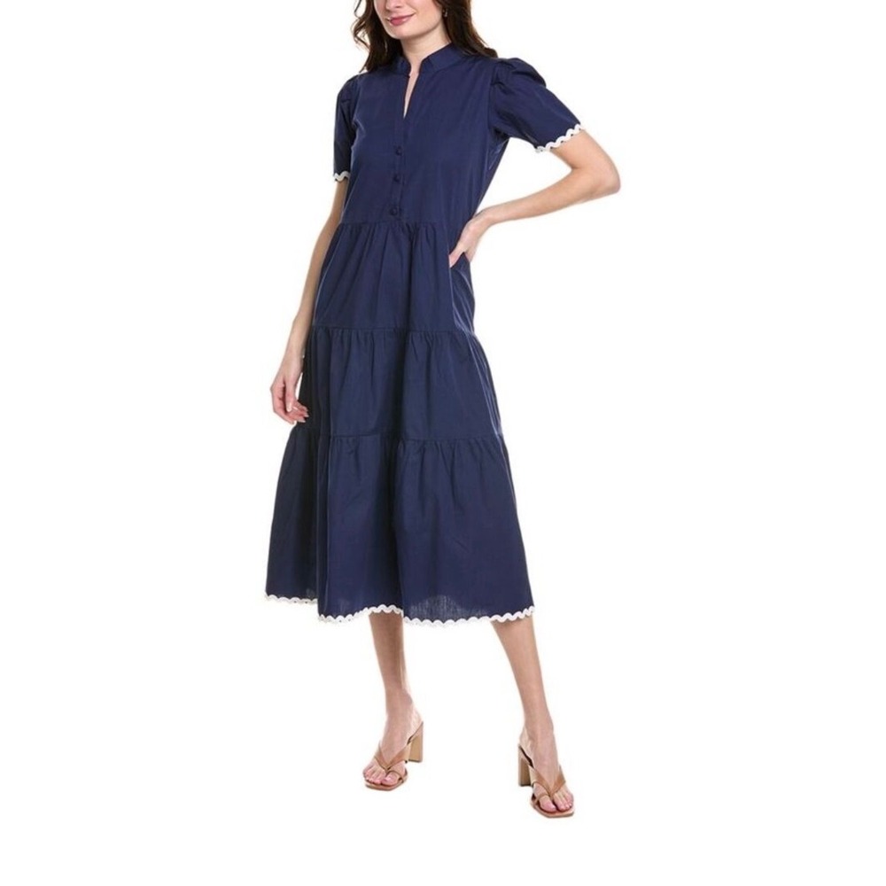 Sail to Sable Tiered Midi Dress Women XXL Navy Blue Excellent Ric Rac Trim
